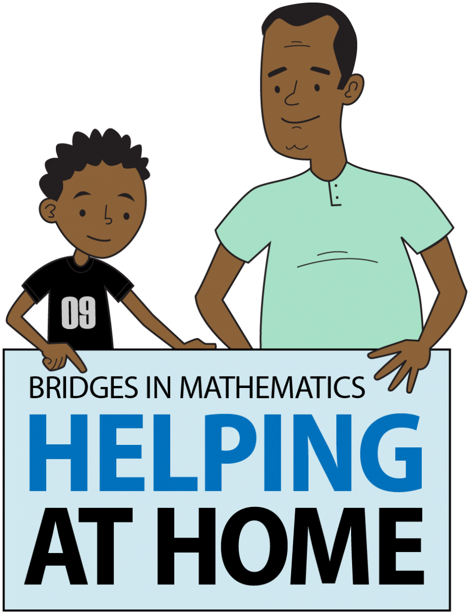 photo of man and boy with a sign that reads "bridges in mathematics helping at home"